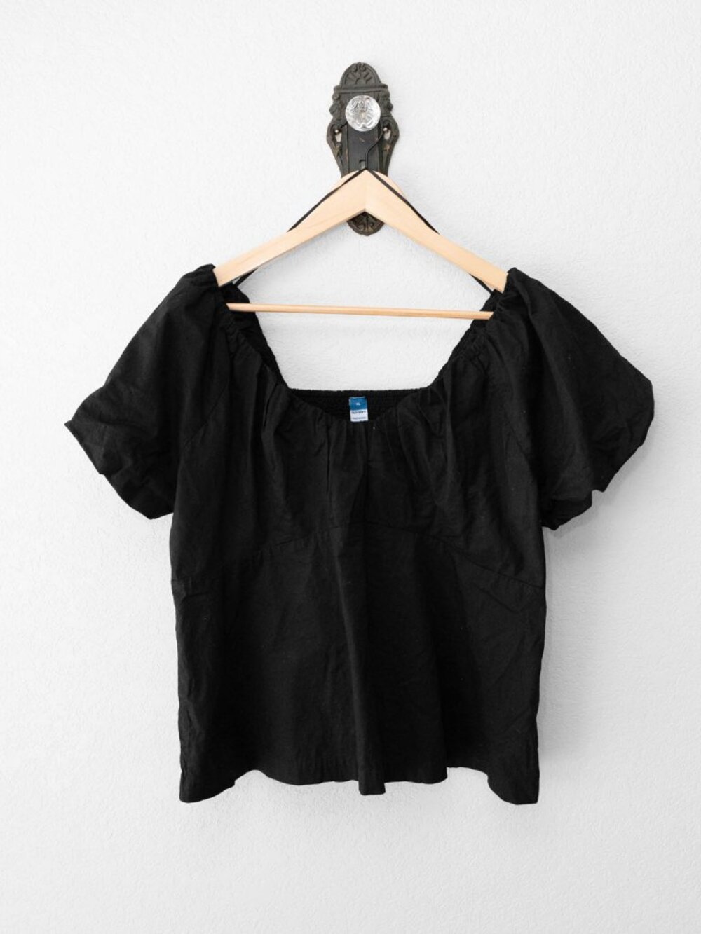 Old Navy Top Womens XL Black Square Neck Puff Sleeve Smocked Cotton Babydoll